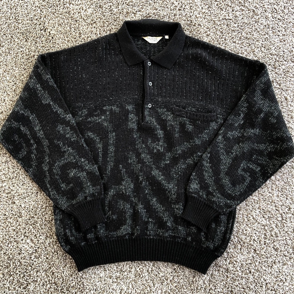 Dalmine Uomo Alpaca Blend Polo Sweater Size 52 Black Preppy Front Pocket Italy